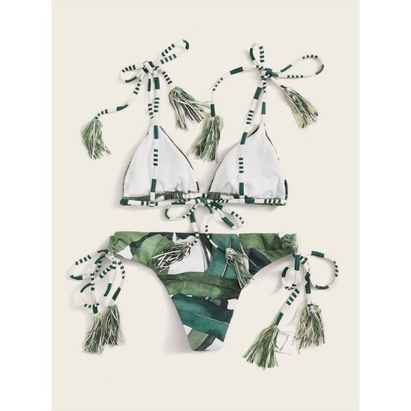 Tropical leaf print wrap tie bikini swim set green - Picture 4 of 4
